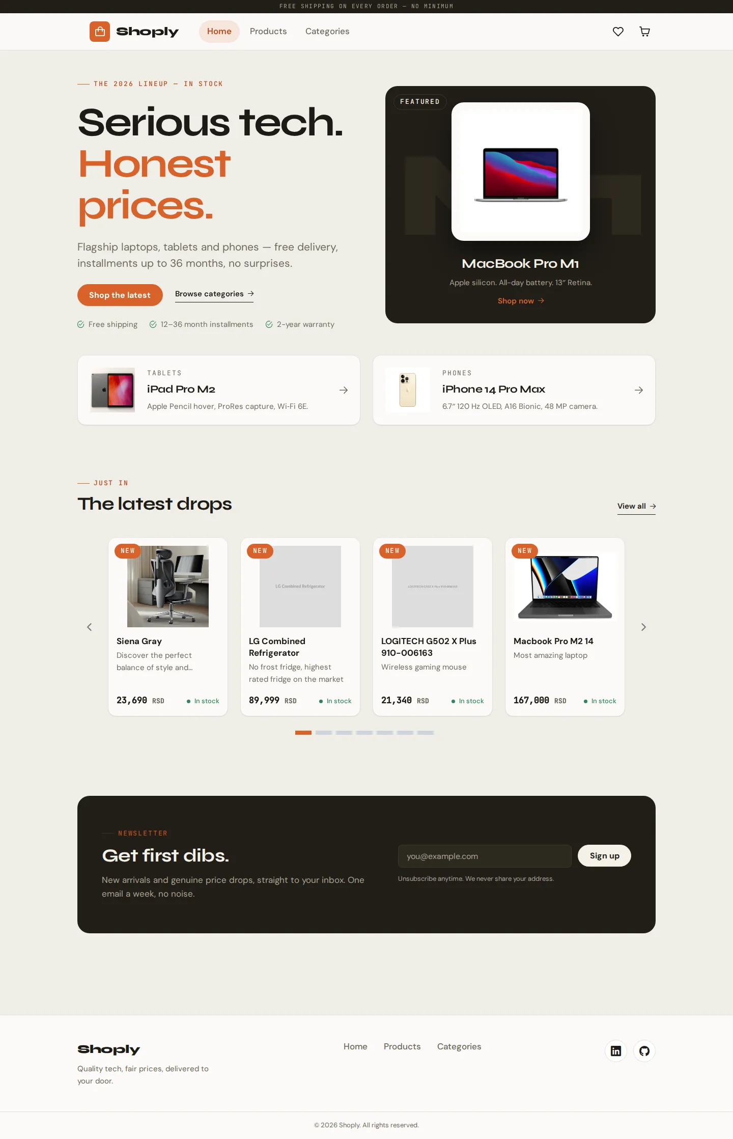 Shoply homepage with hero section, featured products, and latest drops carousel