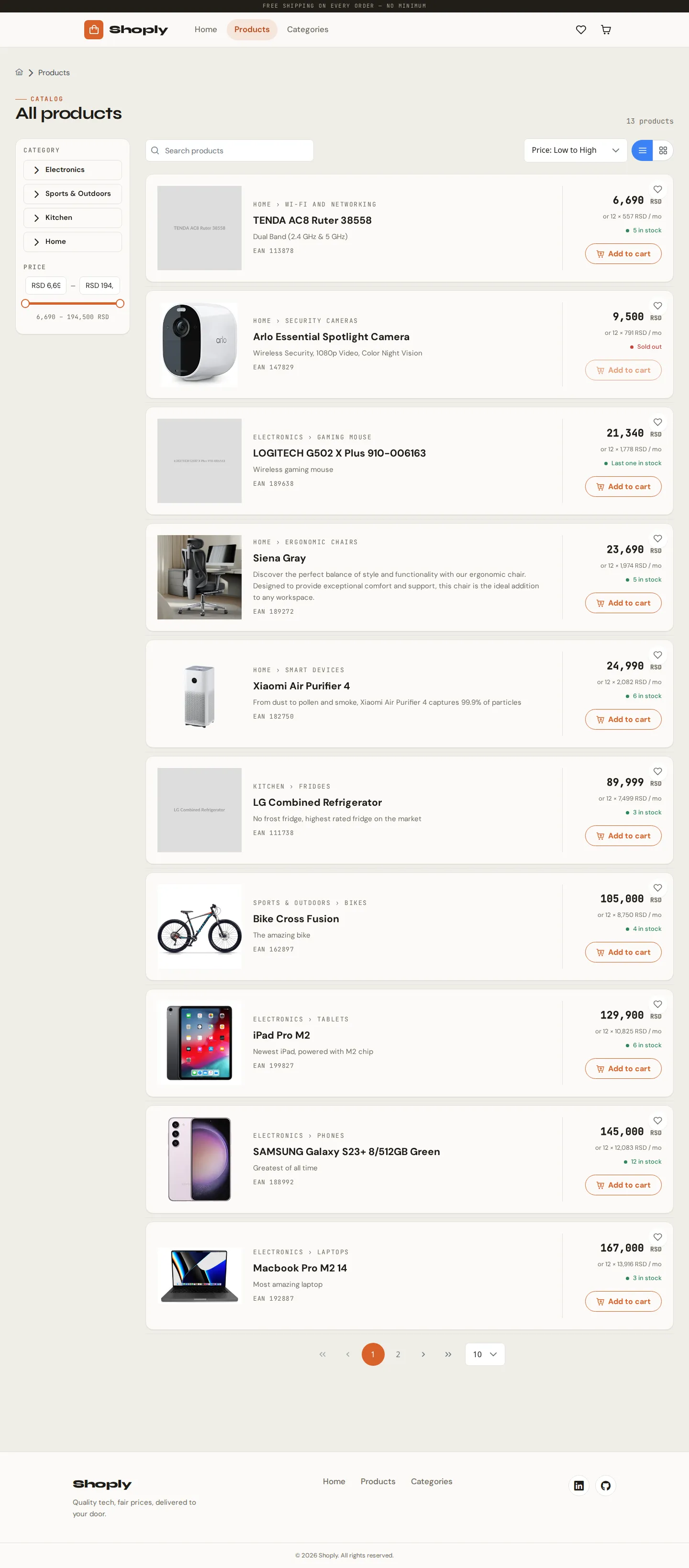 Products page with search, category filters, and price range slider