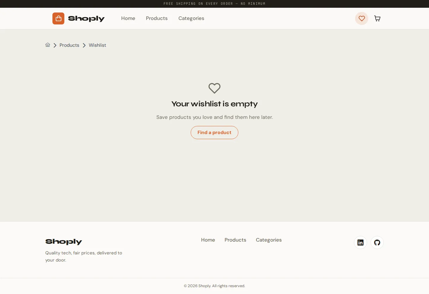 Empty wishlist state with prompt to browse products