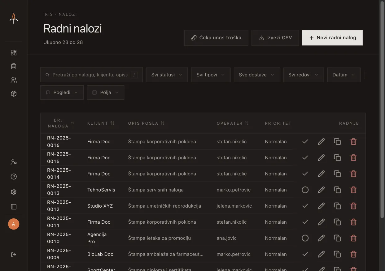 Iris work orders list with filters and tabular results