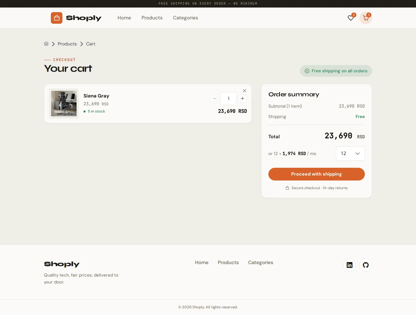 Shopping cart with line items, quantities, and order summary