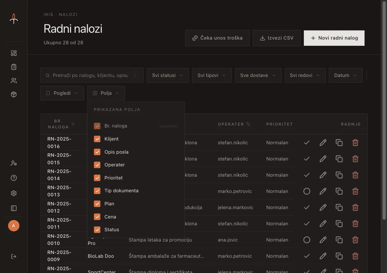 Iris work orders table with column field controls