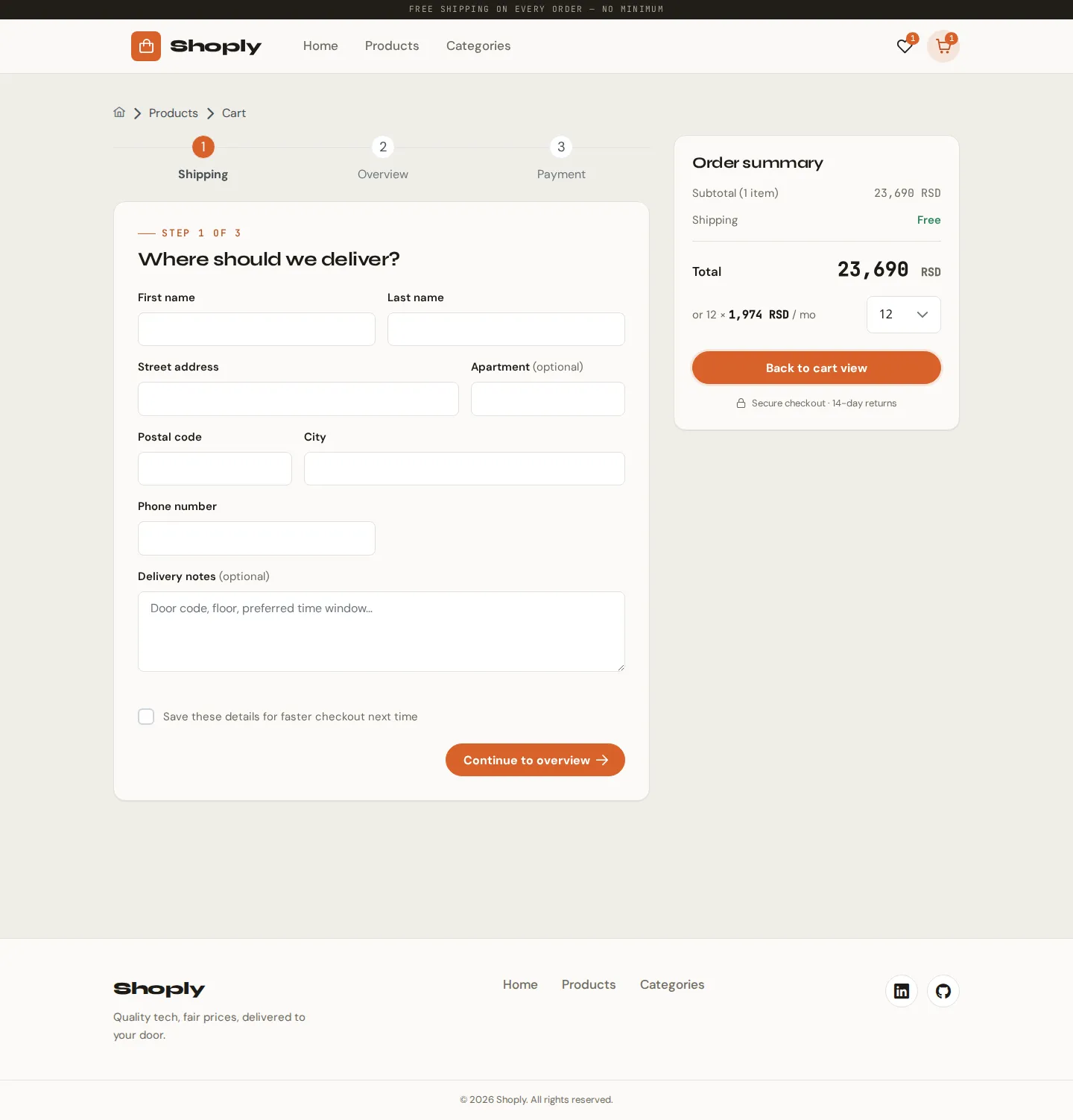 Checkout shipping step with delivery address form