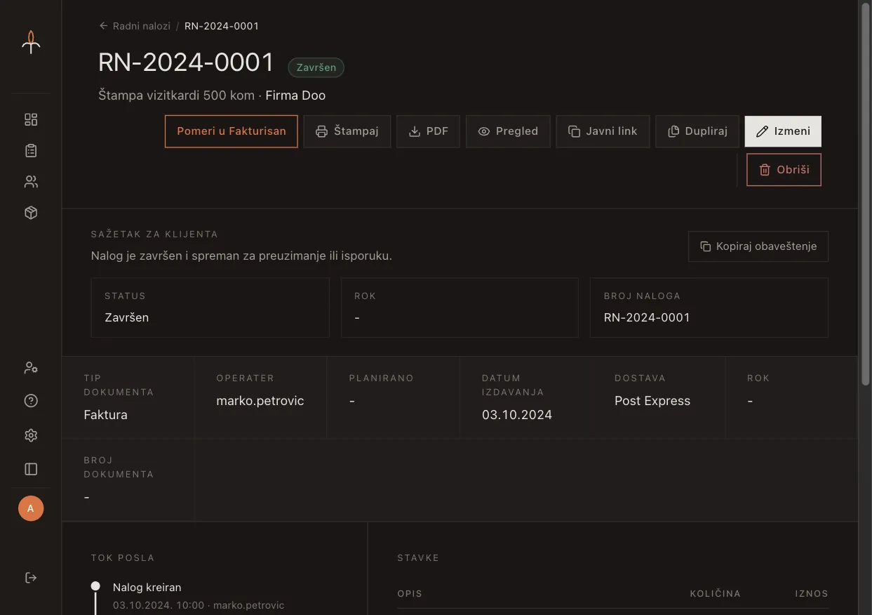Iris work order detail with status, items, and customer information