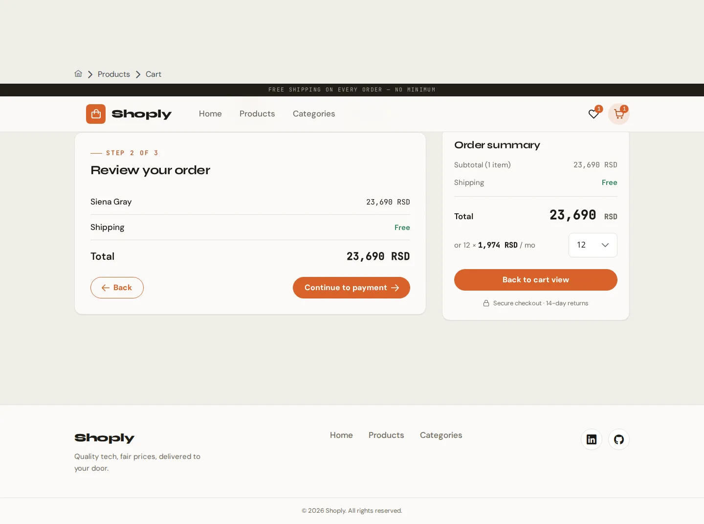 Checkout order overview with items and totals before payment