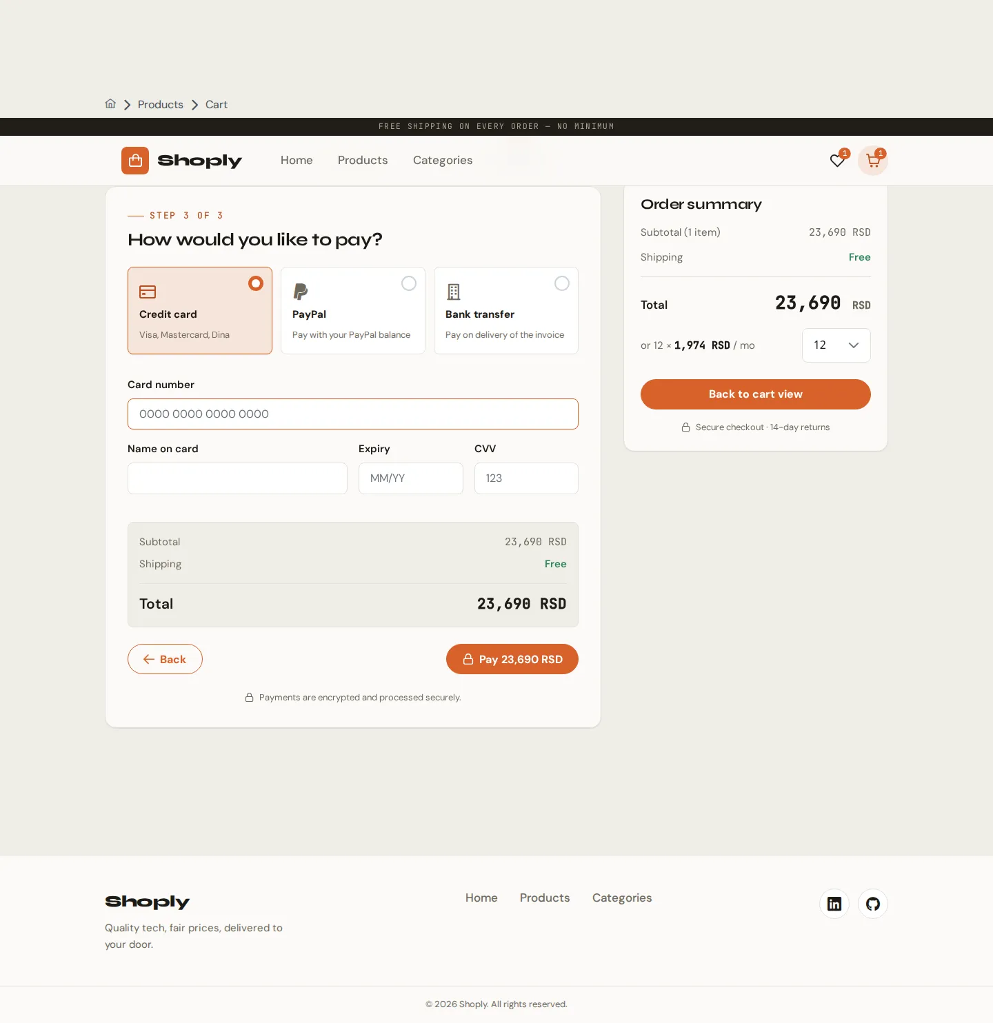 Checkout payment step with billing details and card form