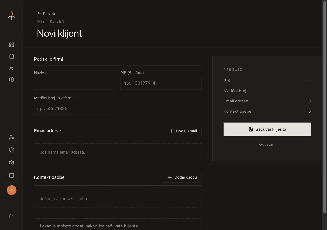 Iris customer creation form