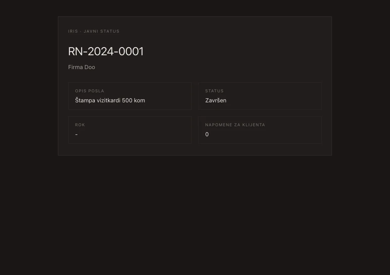 Iris public work order tracking page