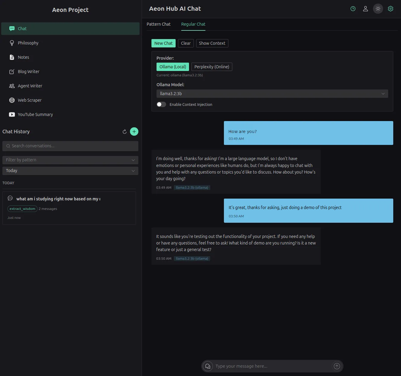 Aeon Hub chat interface with local Ollama model selection and chat history