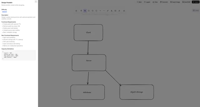 Architex design editor: Excalidraw canvas solving a pastebin system design problem