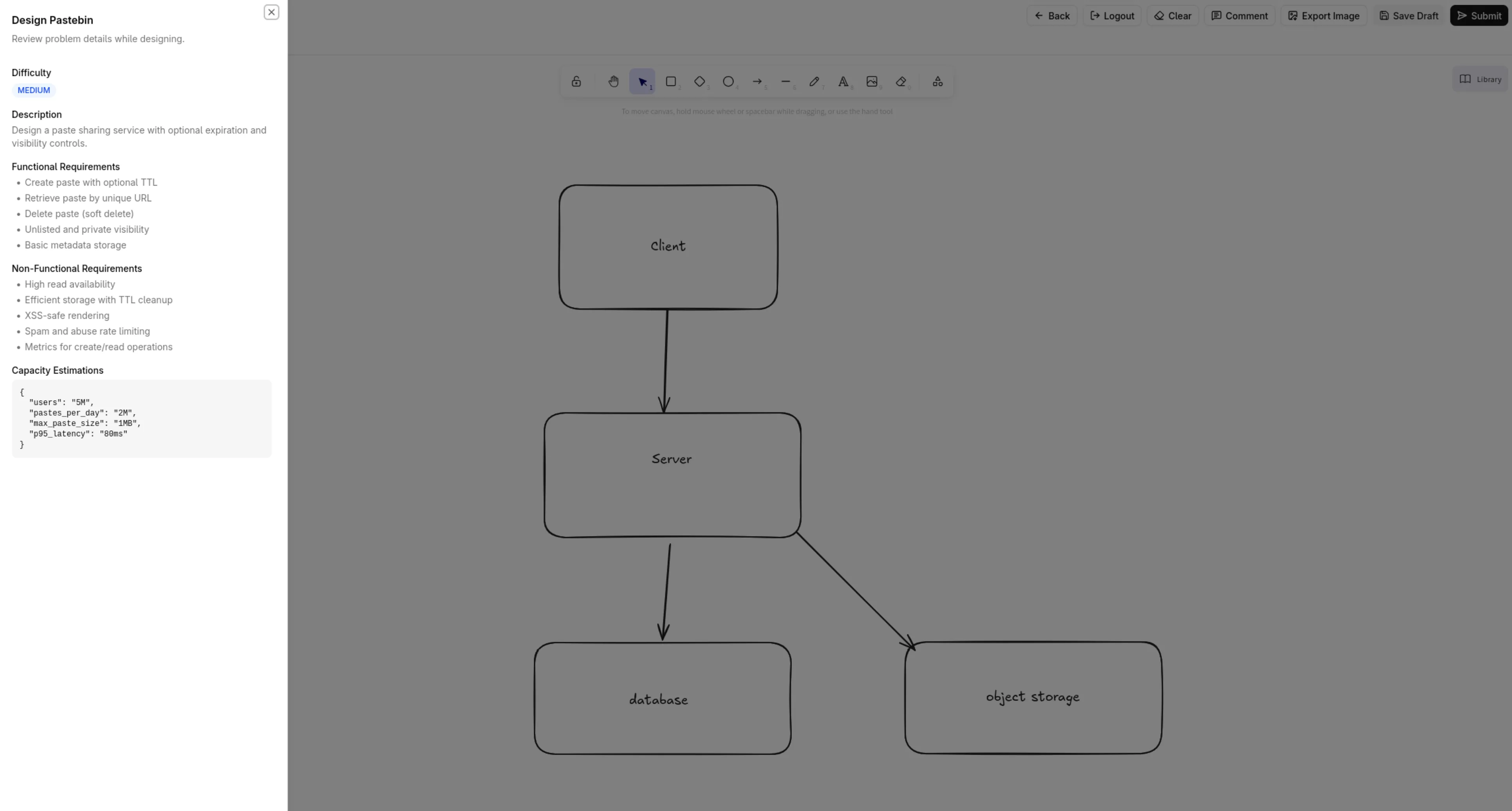 Architex design editor: Excalidraw canvas solving a pastebin system design problem