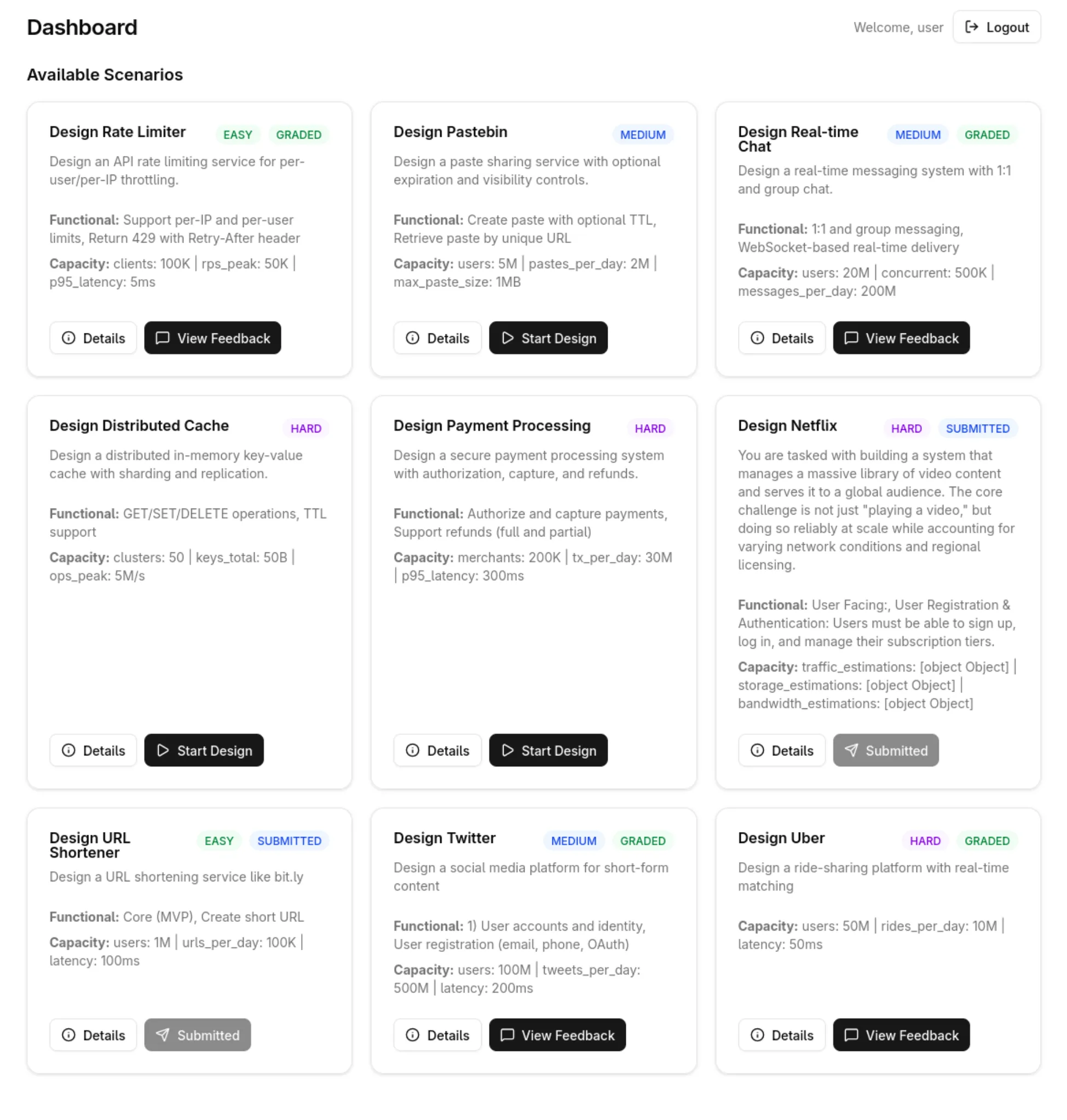 Architex dashboard listing system design scenarios with difficulty and grading status