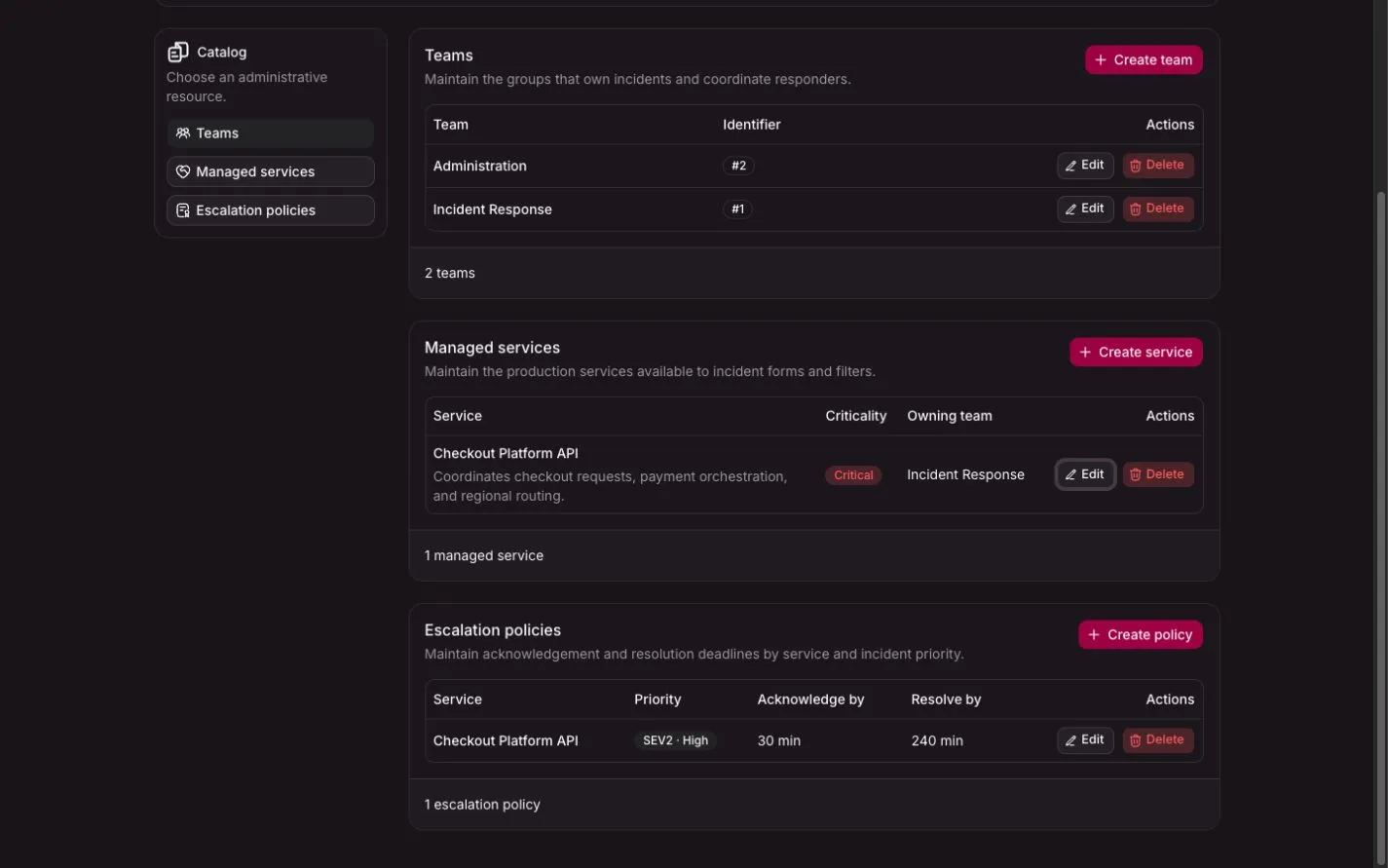IncidentOps admin catalog for teams, managed services, and escalation policies