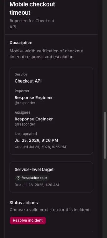IncidentOps mobile incident detail showing ownership, timestamps, the service-level target, and a status action