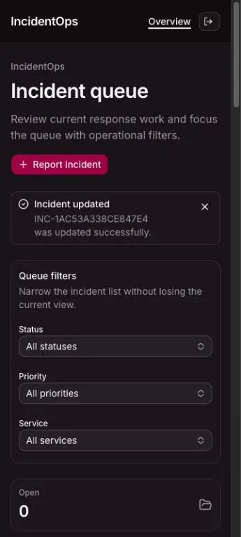 IncidentOps mobile dashboard with the incident report action and stacked queue filters