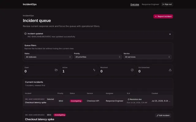 IncidentOps desktop dashboard with queue filters, operational counters, an active incident, and its SLA deadline