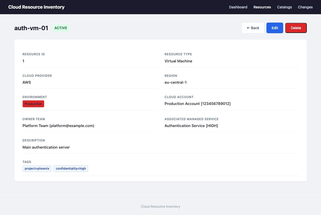 Cloud resource detail page showing ownership, provider, environment, service, and tags