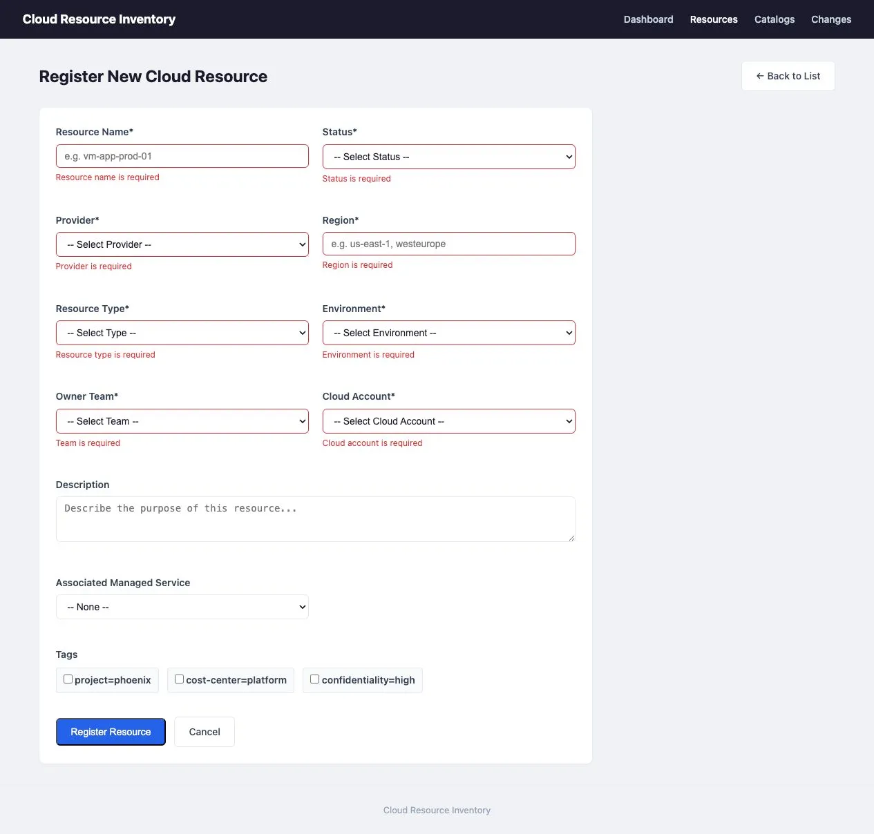 New cloud resource form displaying field-level validation errors