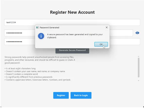Registration screen with secure password generation dialog
